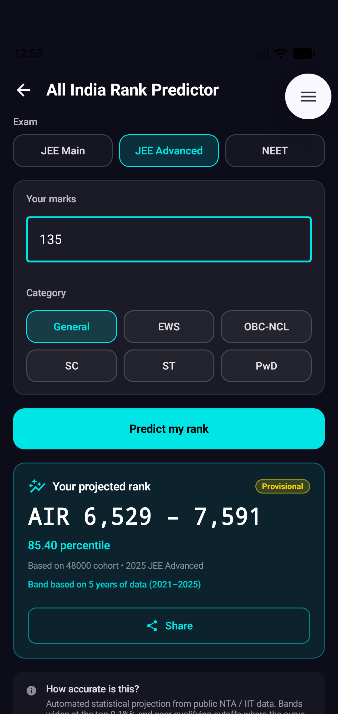 SolveKar AI All India Rank Predictor — marks to rank for JEE Main, JEE Advanced, NEET
